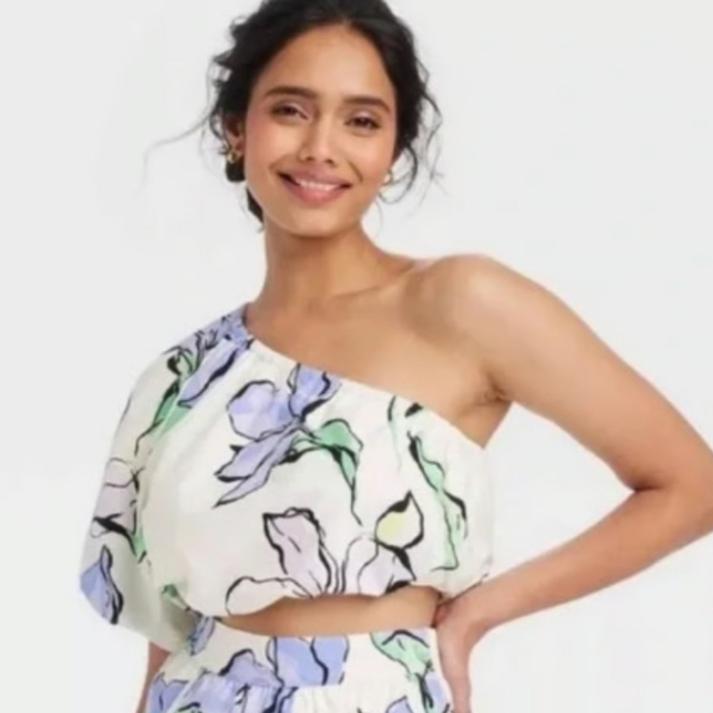 a new day Floral One-Shoulder Blouse - White, Blue, Green